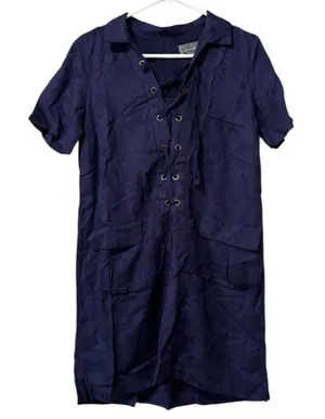 Anthropologie Women Linen Blend Dress Blue Ish Purple Size 4P Tie Up Front‎ City thumbnail 1