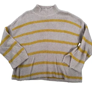 Blu Pepper Mock Neck Stripe Sweater Women's Small Brown/Yellow Ribbed Knit Boxy thumbnail 1
