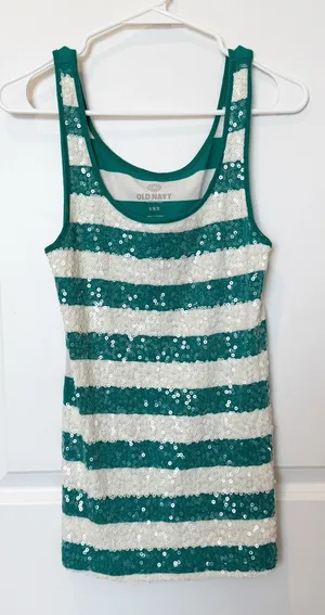 Old Navy Y2K Sequin Striped Tank Top Medium‎ Green White Preppy Layer thumbnail 1