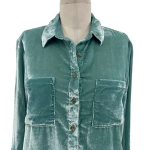 Anthropologie Pilcro Mara Relaxed‎ Velvet Buttondown Top Teal Blue Size US 2 thumbnail 4
