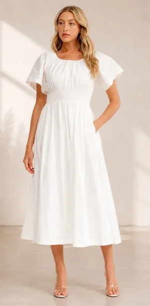 White Cotton Smocked Waist Maxi Dress with Pockets | Boutique NWT thumbnail 1