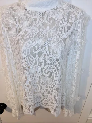 INA White Lace High Neck Blouse 3D Butterflies Size L Back Zipper thumbnail 3