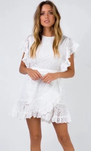 Polly White Eyelet Ruffle Mini Dress Bachelorette Wedding Shower 12 thumbnail 1