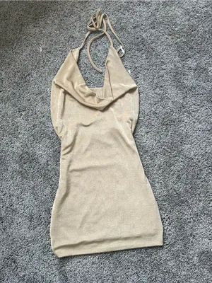 Fiestar Backless Cowl Neck Mini Dress in Champagne thumbnail 2