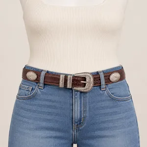 Fossil Size 38 Brown Croc Embossed Leather Concho Western Belt Equestrian Rodeo thumbnail 1