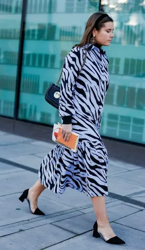 Zara Womens Dress Sz M‎ Powder Blue Black Zebra Animal Print Shirt Long thumbnail 1