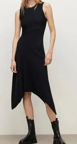 AllSaints Gia Black Asymmetric Midi Dress Ribbed High Low Size 6 thumbnail 1