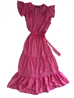 Tommy Hilfiger Hot Pink Tiered V-Neck Maxi Dress with Tie Waist thumbnail 1
