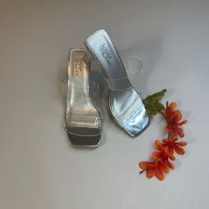 Jessica Cline Silver Metallic Clear Strap Block Heel‎ Slide Sandals Square Toe 7 thumbnail 7