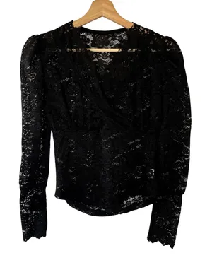 Vintage goth black lace v-neck sheer women's S blouse puffed sleeves victorian thumbnail 1