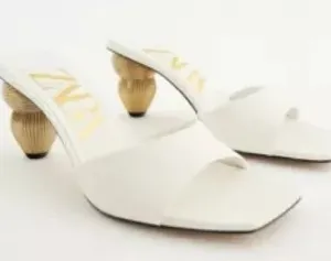 Zara White Women's Open-Toe Heeled Sandals with Sculpted Gold Heel thumbnail 1