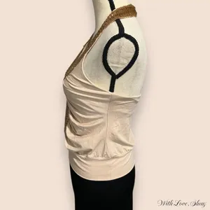 Y2K 2000s vintage deadstock Bebe tan and gold sequin halter top thumbnail 2