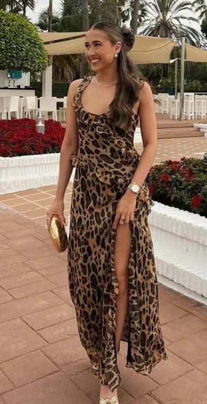 Zara maxi dress leopard animal print mesh ruffled boho cheetah casual summer thumbnail 9