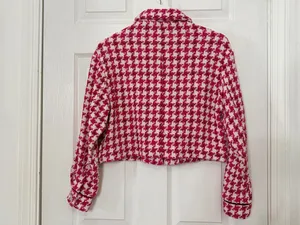 Zara XS Pink White Houndstooth Cropped Tweed Jacket Rhinestone Buttons Preppy Chic thumbnail 3
