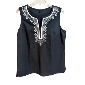 Talbots Embroidered Sleeveless Top 10 Black Excellent‎ Linen Blend Split Neck thumbnail 2