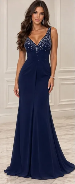 Blue Rhinestone Beaded Woman’s Long Evening Gown New Without Tags party (SZ 3 ) thumbnail 1