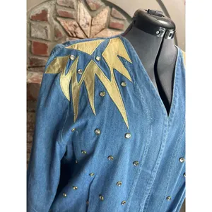 Jean Jacket open front gold shoulders studded bedazzled 1990s Blue Size XL thumbnail 3