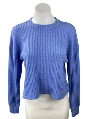 Aritzia Wilfred Free Women Blue Ribbed Knit Long Sleeve Cropped Sweater Top Sz S thumbnail 1