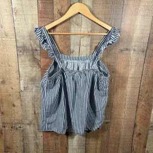 Old Navy Blue White Striped Ruffle Strap Linen Cotton Top Large Coastal Nautical thumbnail 6