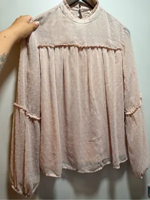 Japna Sheer Swiss Dot Ruffle Yoke Blouse - Light Pink thumbnail 1