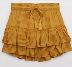 Aerie Size S Mini Skirt‎ Sweet N’ Silky In Honey Ruffle Layers Satin Elastic NEW thumbnail 1
