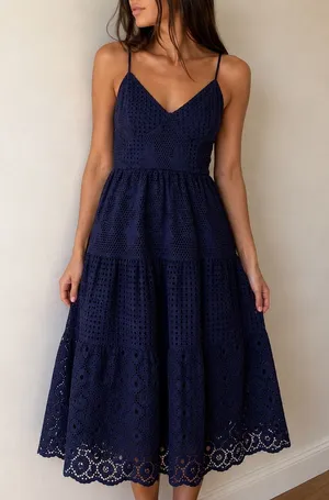 Crown & Ivy Navy Eyelet Midi Dress Sewing Down South Size 4 Preppy Coastal thumbnail 1