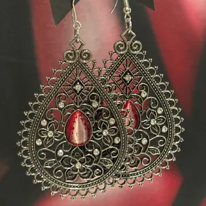 Paparazzi Eden Glow Red Cat's Eye Silver Filigree Teardrop Earrings thumbnail 1