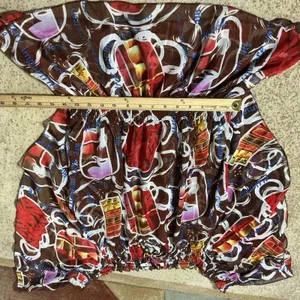 Gialily Abstract Graphic Smocked Waist Blouse Women L/XL Brown Silk Blend Peplum thumbnail 3