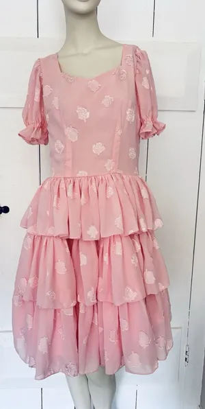 Vintage Womens Dance Dress Prairie Western Cottagecore Bubblegum Pink Ruffles thumbnail 1