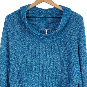 Free People Edessa‎ Off the Shoulder Blue Pullover Balloon Sleeve Knit Sweater M thumbnail 4