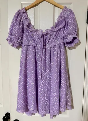 Buddy Love “Jac Puff” Sequin Purple Dress | M | Like-new Lavender Floral Overlay thumbnail 3
