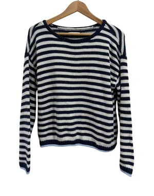 American Eagle Striped Knit Sweater Navy White Light Blue Trim Women Small thumbnail 1