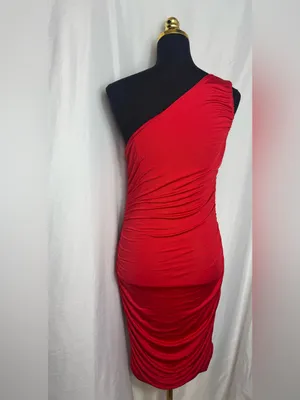 One-Shoulder Red Ruched Bodycon Dress party fits elegant low luxury XL thumbnail 6