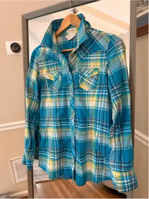 Women's Ariat Blue Yellow Plaid Fitted Button Down Shirt S thumbnail 1