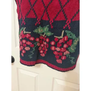Herman Geist Vintage Hand Embroidered Grape Sweater Vest Red Navy‎ Linen Blend M thumbnail 2