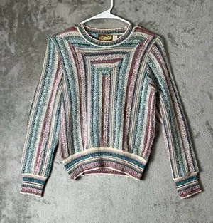 Vintage Multicolor Striped Knit Sweater 70s Boho Retro Folk Hippie Small 80s thumbnail 1