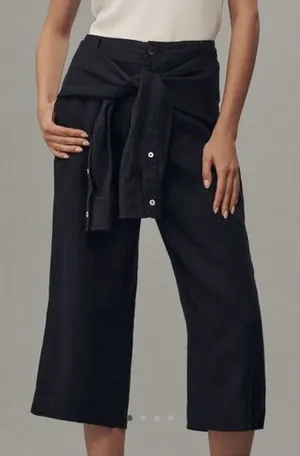 Anthropologie Black Linen Tie-Waist‎ Wide-Leg Cropped Pants High Rise NEW thumbnail 1