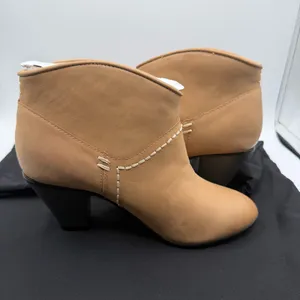 Maje Tan Leather Ankle Boots EU 36 US 5.5 Block Heel Whipstitch Portugal thumbnail 5
