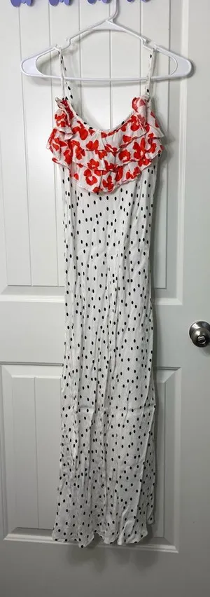 EUC RIXO women’s basketball team white cream black polka dot‎ ruffle lined dress thumbnail 1