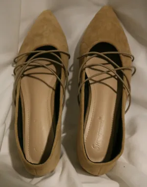 Tan Suede Pointed Toe Flats Ballet Cross Front Straps Strappy Detail thumbnail 2