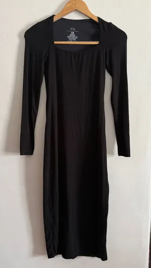 KLASSY NETWORK | Black Modal Blend Square Neck Midi Dress Long Sleeve Slit XS thumbnail 1