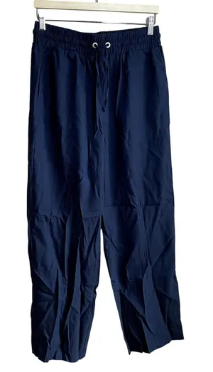 women's linen nylon blend‎ navy elastic drawstring waist wide leg jogger pants L thumbnail 1