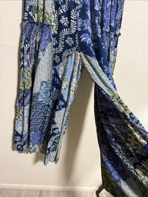Angie Blue Patchwork Floral Wide‎ Leg Boho Pants Smocked Size Small thumbnail 10