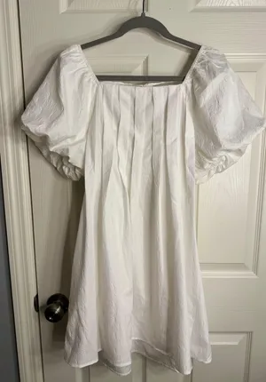 White Puff Sleeved Pleated Square Neck Dress thumbnail 3