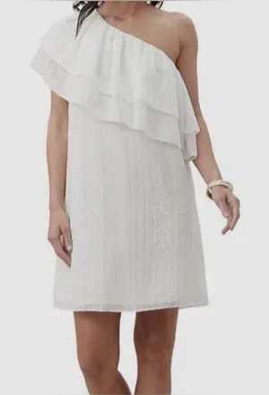 TRINA TURK NWT Phebe One-Shoulder Tier Ruffle White Eyelet Mini Dress Classy XXL thumbnail 1