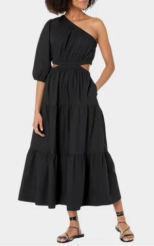 The Drop One Shoulder Cut-Out Tiered Midi Dress Large thumbnail 1