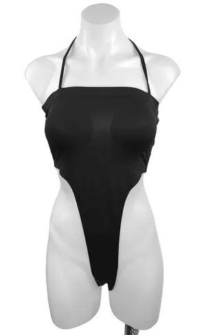 Commense Black Halter Tie Adjustable Square Neck Thong Bodysuit Top Size S thumbnail 1
