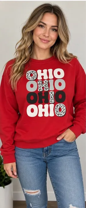 Ohio OHIO Leopard Print Red Crewneck Sweatshirt Size L thumbnail 1