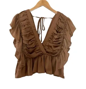 Entro‎ V Neck Satin Ruched Top Size Medium Taupe thumbnail 1