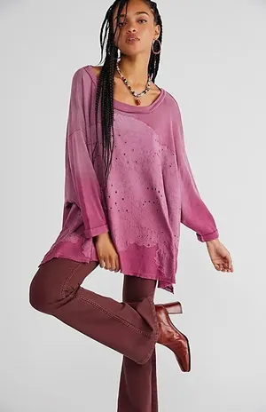 $98 Free People Palm Tree Dreams Tunic top in berry cake L thumbnail 1